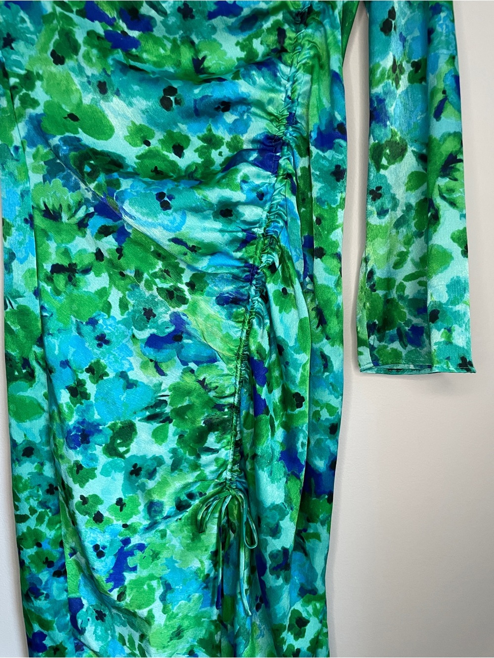 Zara Floral High Neck Long Sleeve Midi Dress Women Small Blue Green Ruched NWOT - Picture 5 of 10